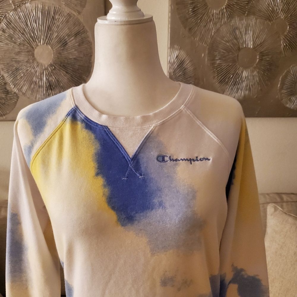 😎 CHAMPION 😎 Tie Dye French Terry Cropped Sweatshirt - [Small, Yellow/Blue] - Picture 4 of 10